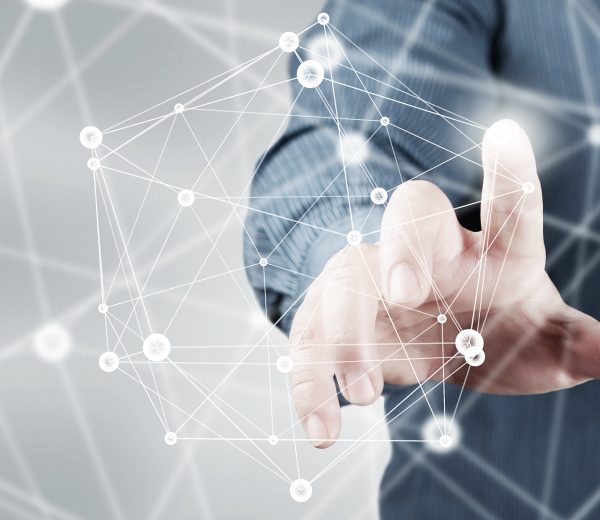 Businessman hand touching with finger digital connection lines on virtual screen